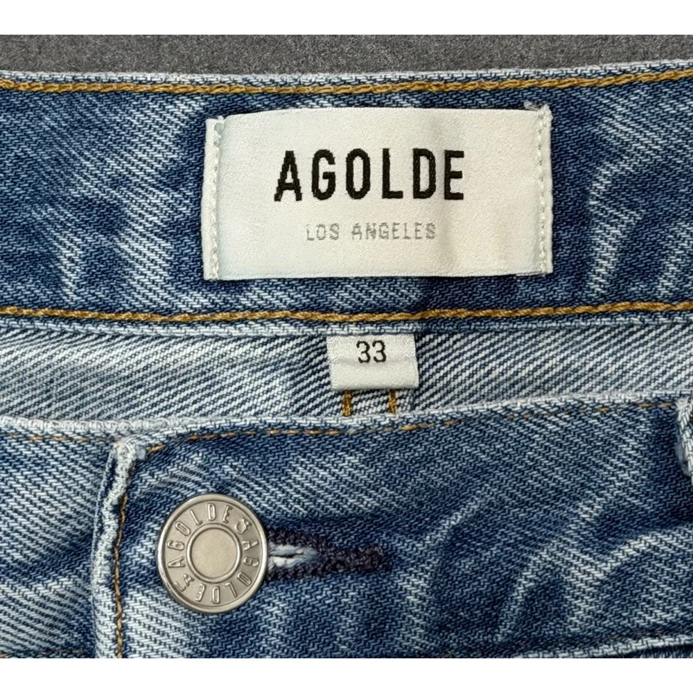 AGOLDE Parker Women's sz 33 Long High Rise Denim Shorts Medium Wash Blue Retro